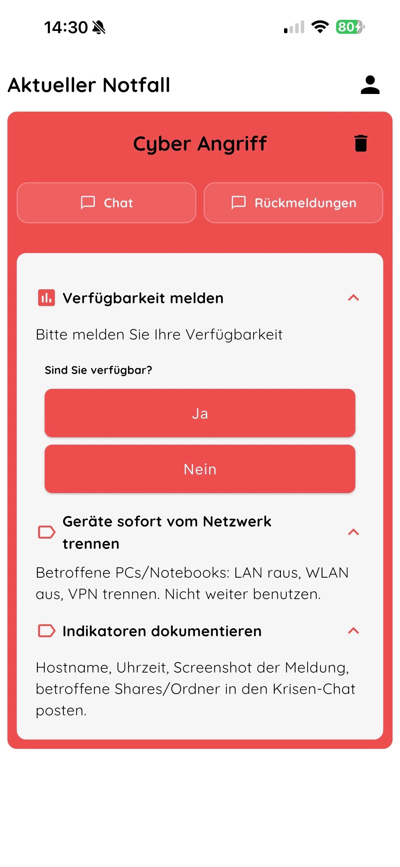 NICA Alarm App – Alarmansicht mit Rückmeldeoptionen