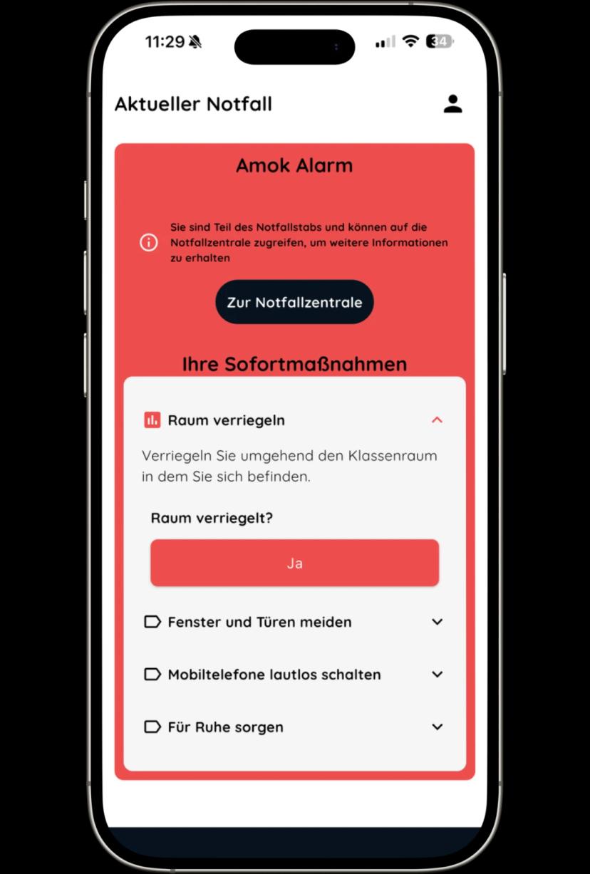 Nica Alarmierungs App für Schulen – Screenshot der Benutzeroberfläche