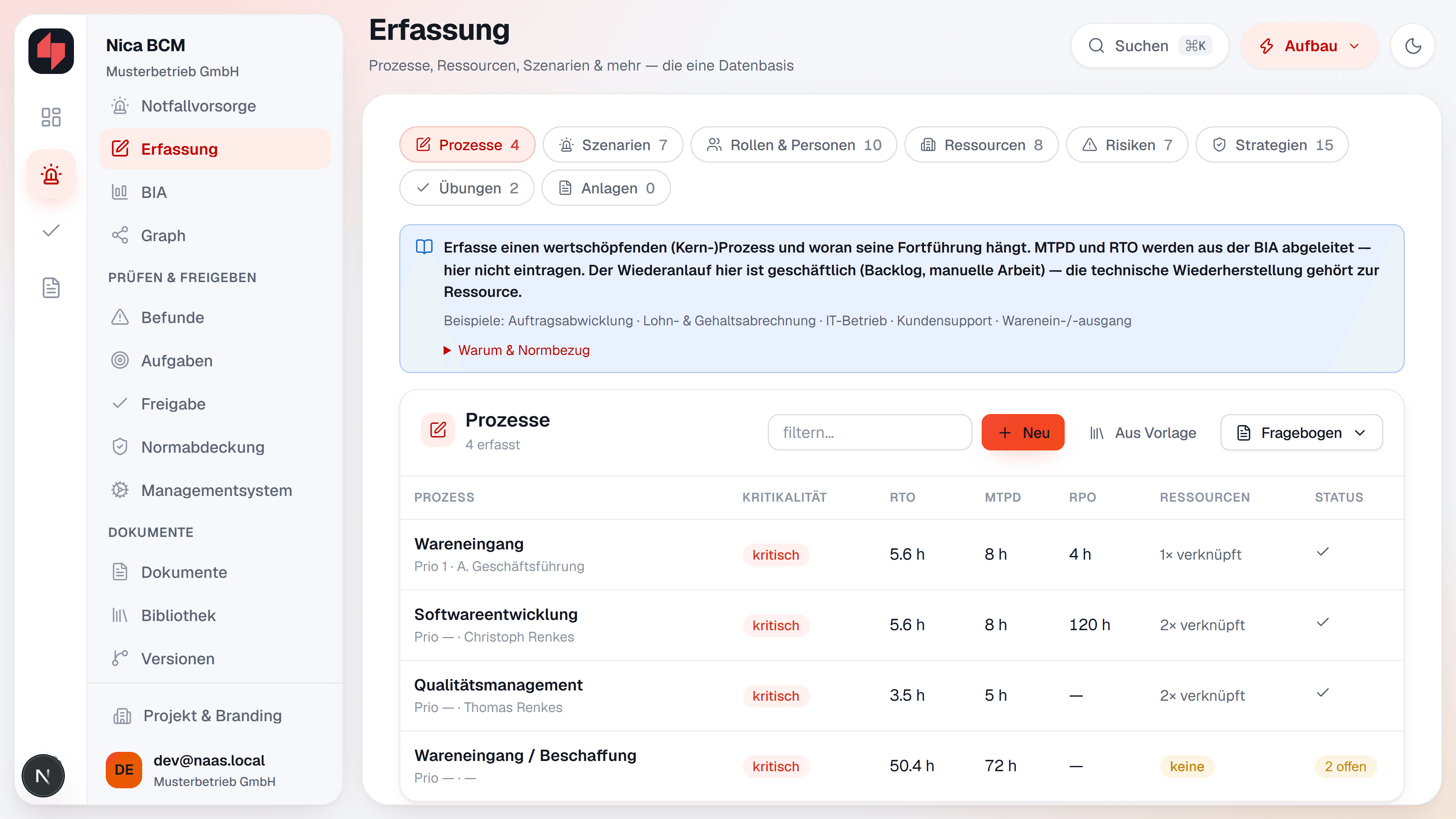 NICA BCM: Erfassung von Prozessen und Ressourcen, Beispieldaten