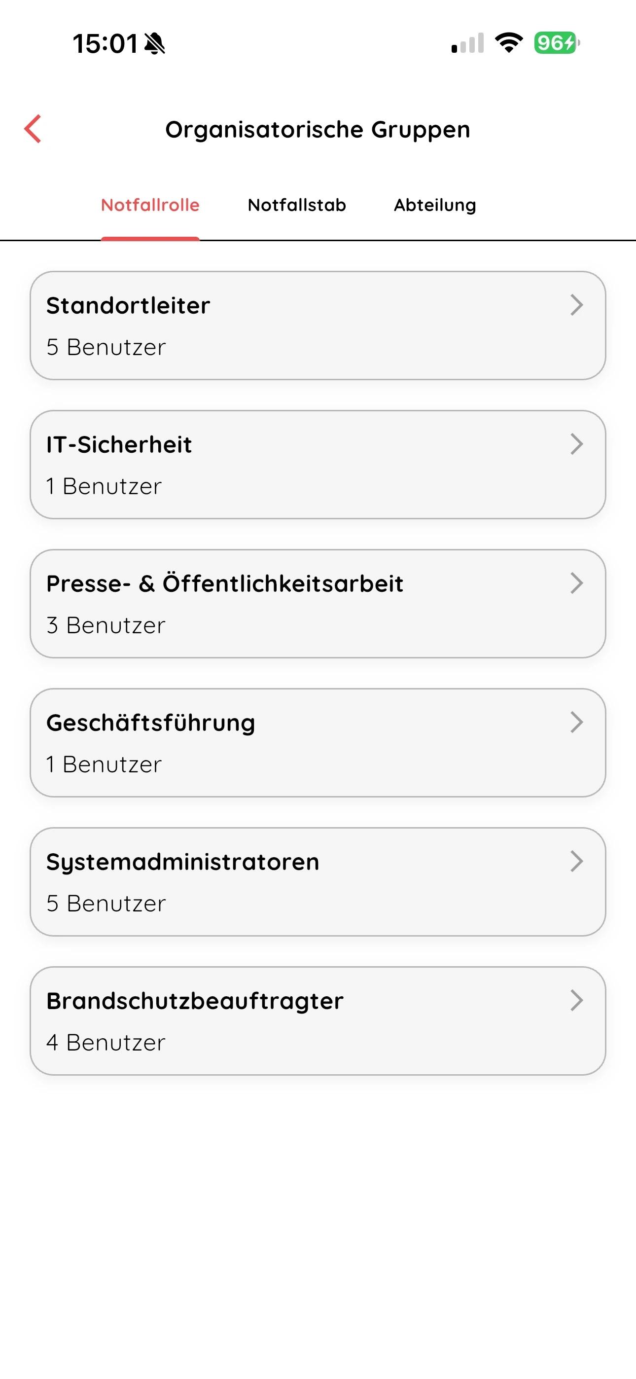 NICA Alarm App – Kontaktverzeichnis nach Rollen