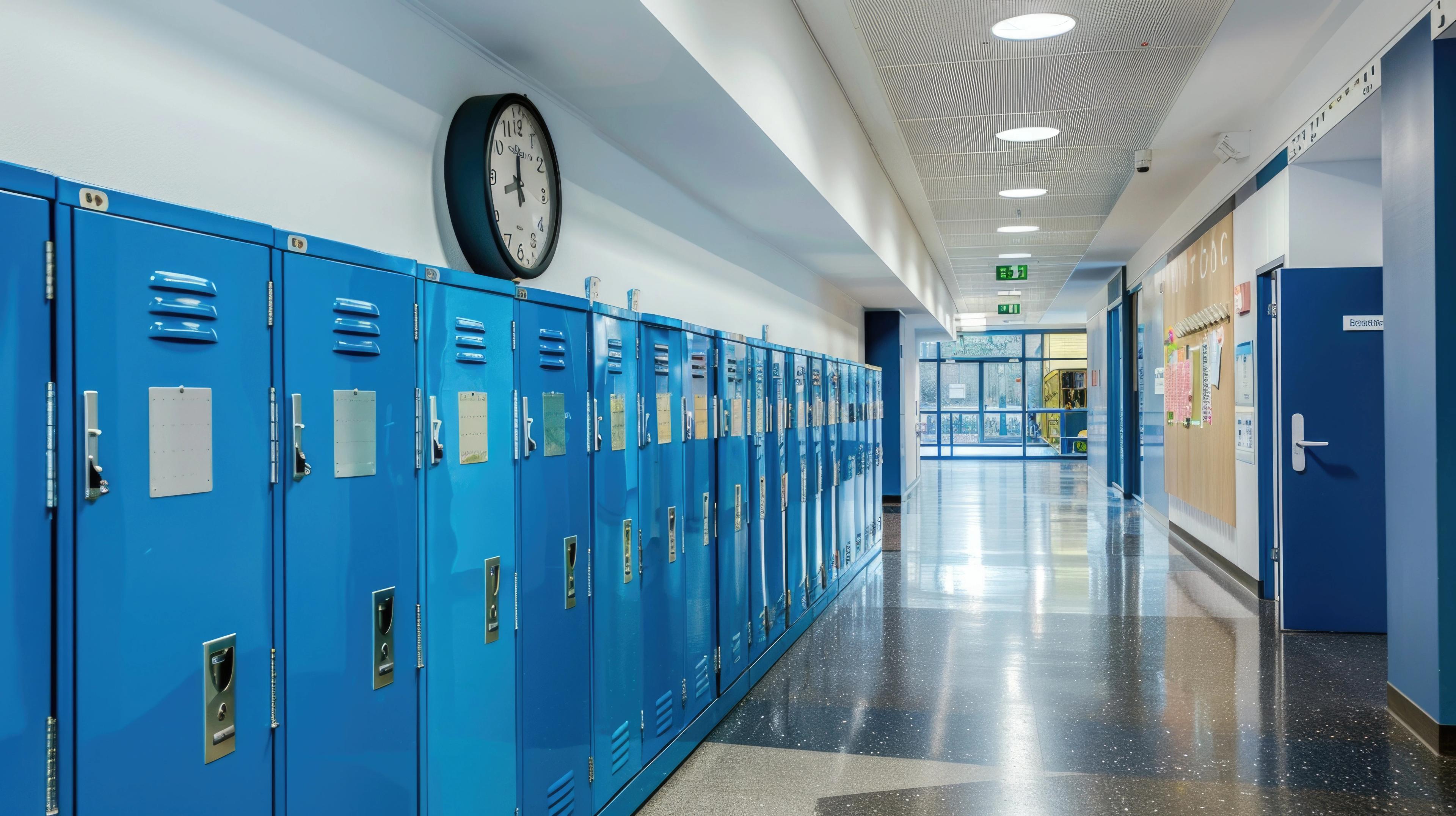 Schulflur mit leerem Gang und geschlossenen Schließfächern